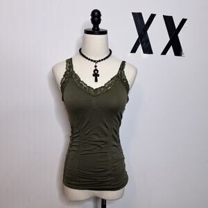 Vintage 90s Y2K Army Green Lace Cami Tank Top Fairy Whimsygoth Stretch Grunge M